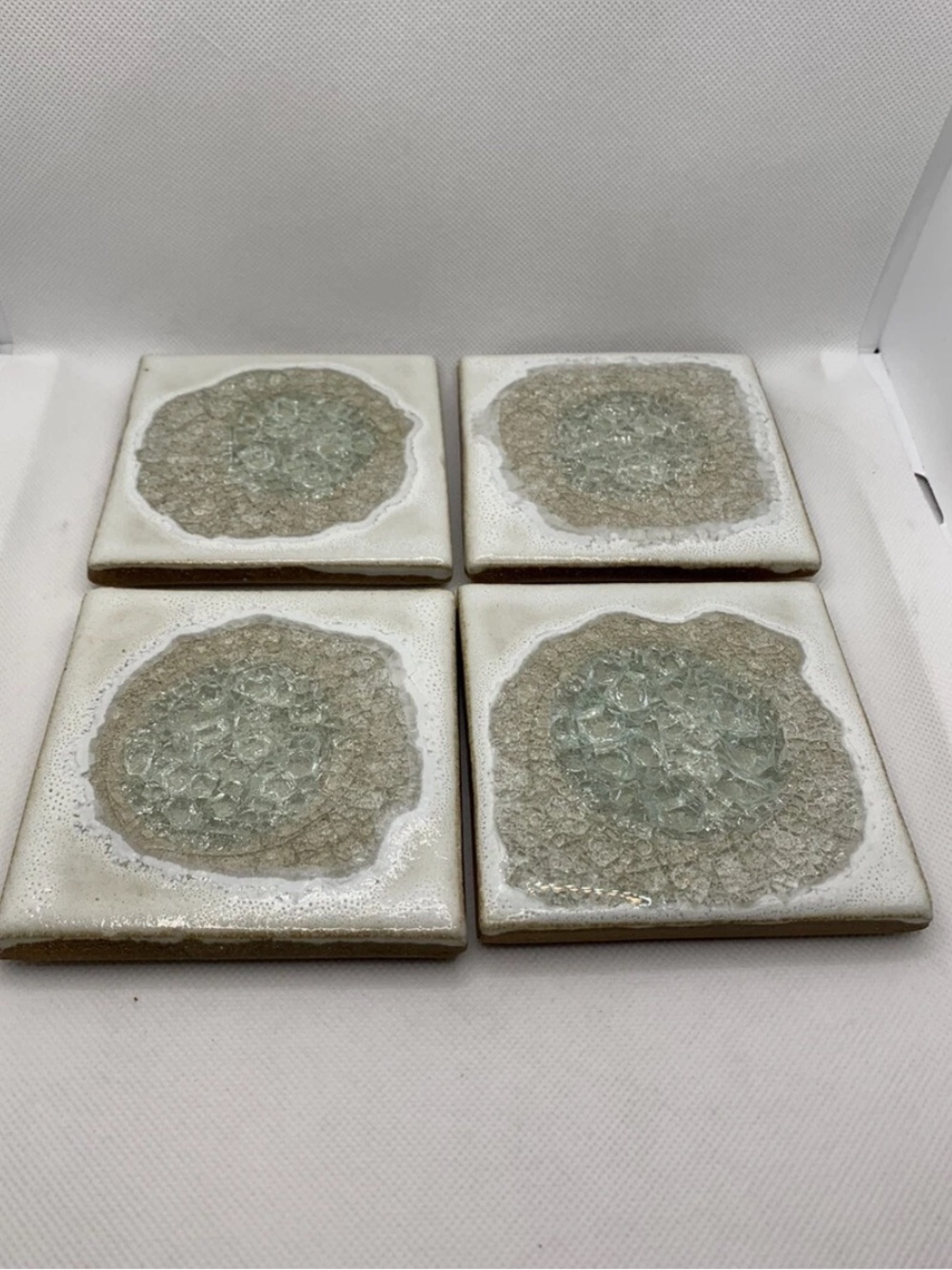 Anthropologie Beige Tan & Green Crackled Glazed Stone Ceramic Coasters Set of 4